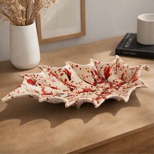 Large Ceramic Maple Leaf Bowl Red Drip Glaze Studio Pottery Art Dish 16”